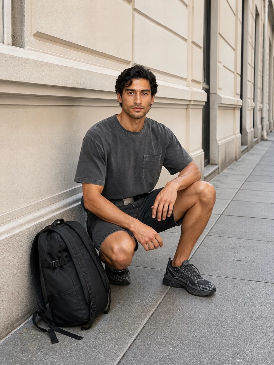 Carhartt charcoal shorts outfit asics sneakers