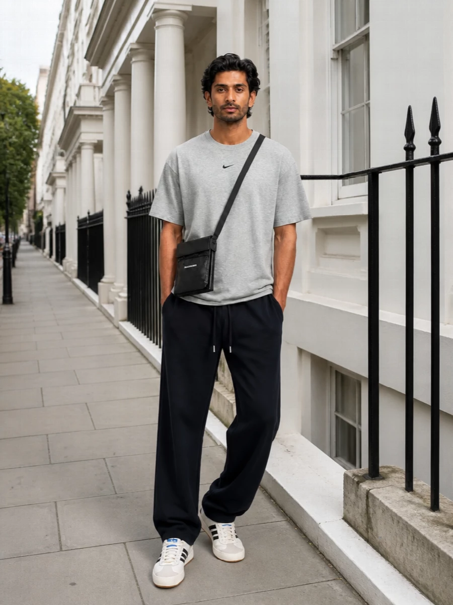 Deep navy track pants and a heather grey tee keep the silhouette relaxed and easy, all in a quiet, minimal palette. Cream Adidas trainers with black stripes pick up the sporty cues and add a subtle retro edge. The slim Balenciaga crossbody finishes it with a clean streetwear detail that still feels low-key for daily wear or travel.