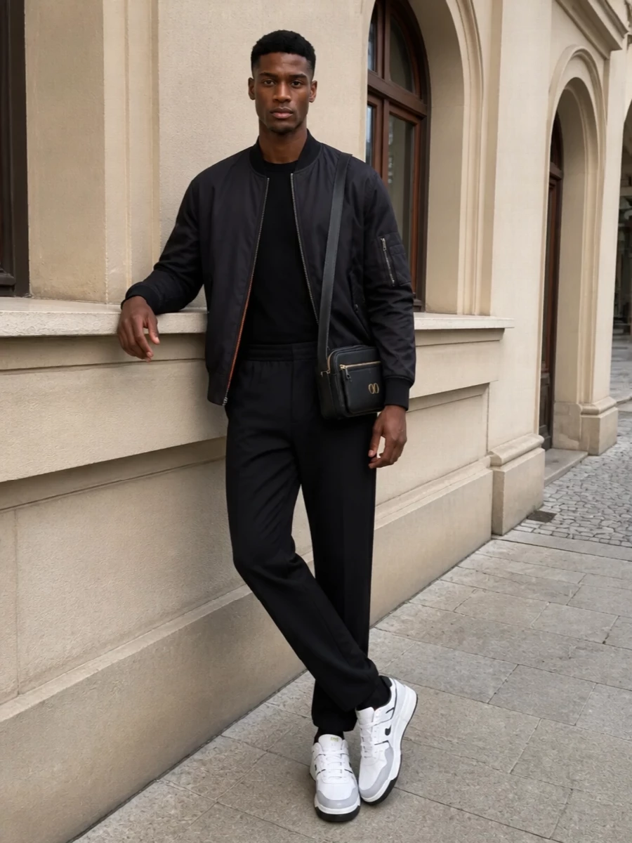 Valentino bomber black trousers sneakers outfit