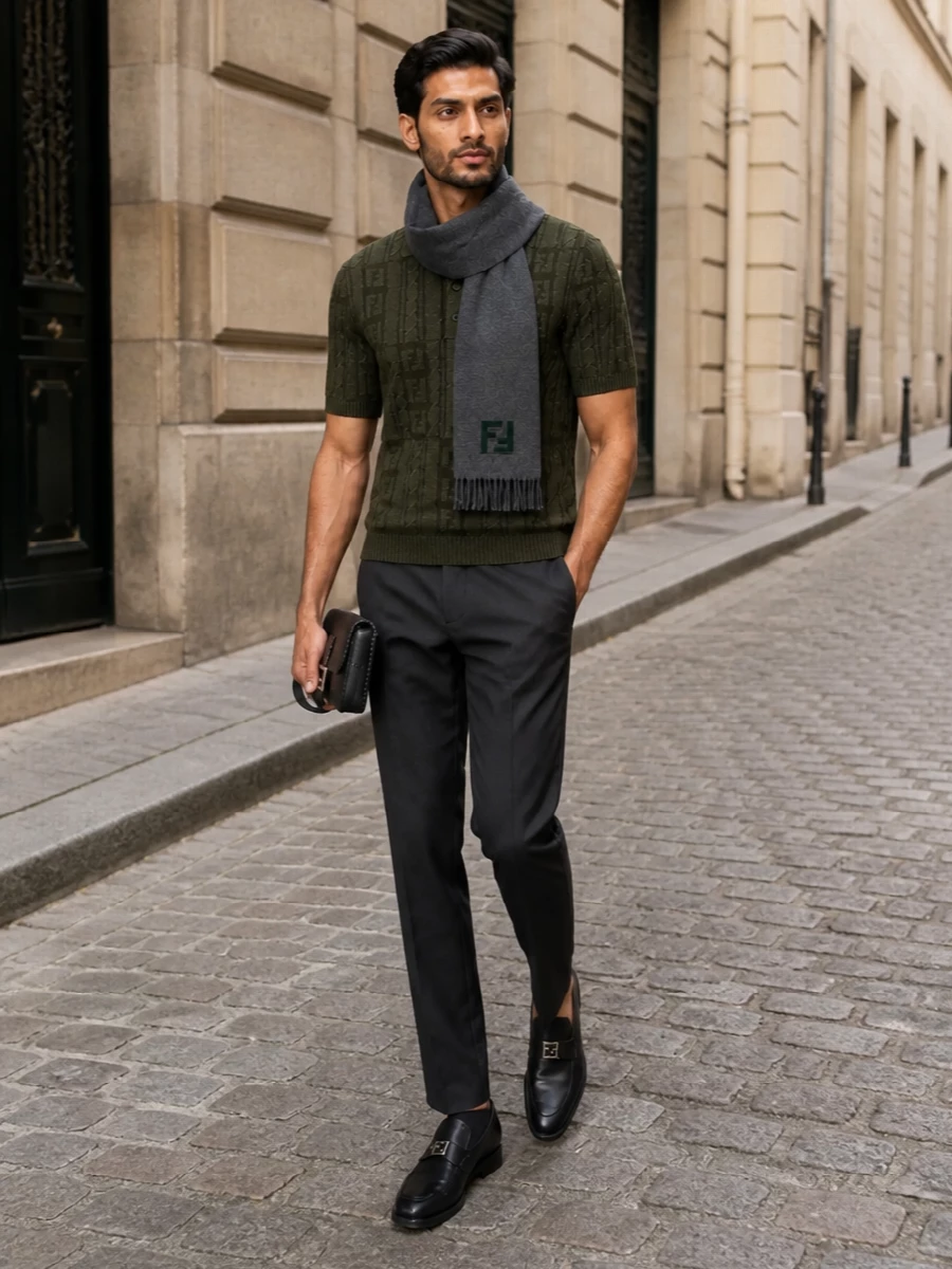 Fendi olive knit polo charcoal tailored trousers