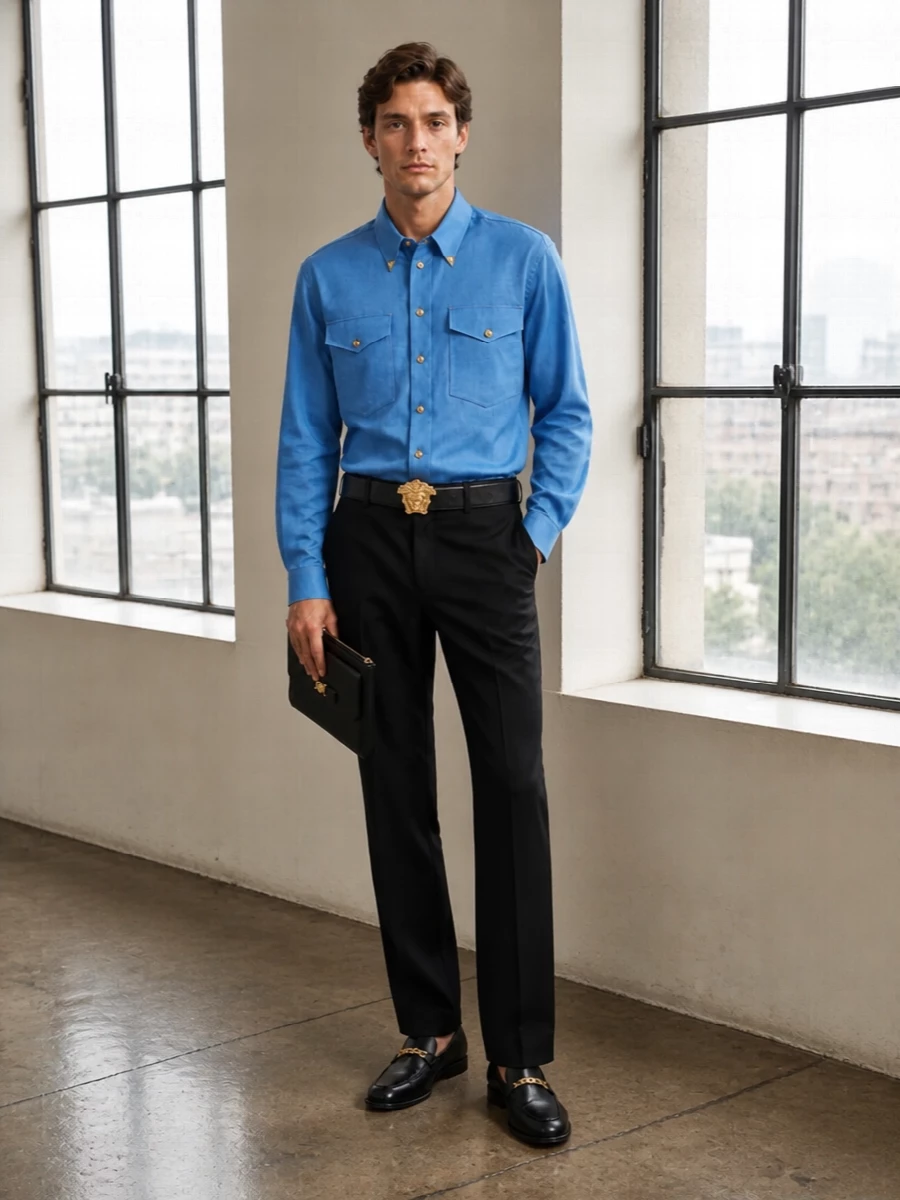 Versace blue shirt black tailored trousers outfit