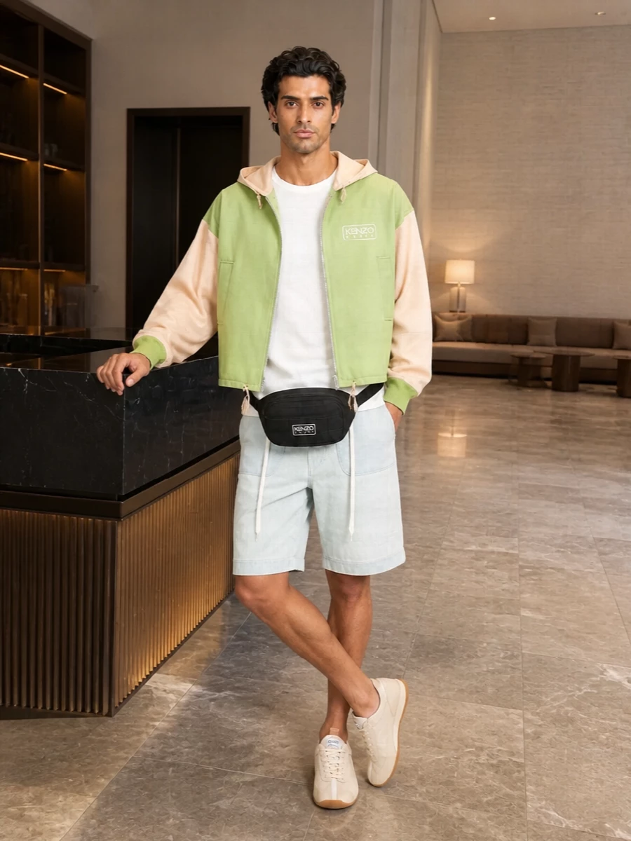 Kenzo pastel hooded jacket outfit shorts