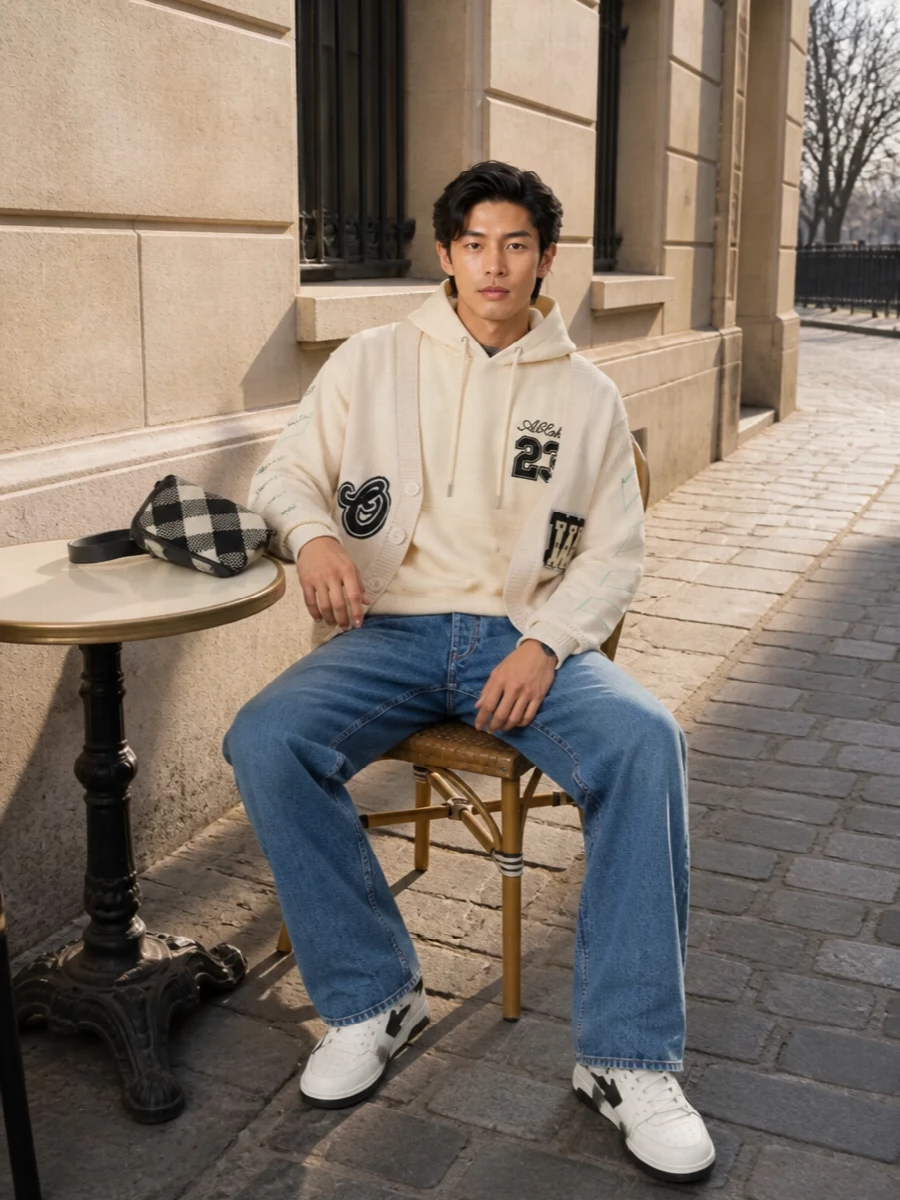 Off white varsity cardigan jeans sneakers outfit