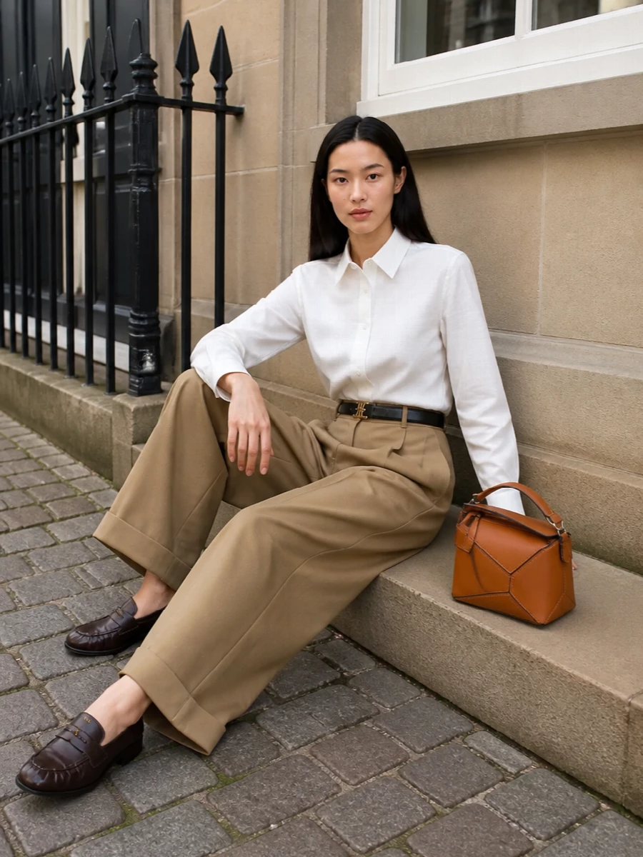 Camel wide-leg tailoring meets a long, clean ivory shirt for a quietly precise play on volume and menswear lines. A slim black belt and dark chocolate loafers anchor the high waist and generous hem, while the structured tan shoulder bag adds just enough architecture to keep everything intentional and modern. The result is relaxed but assured, ideal for days when you want ease with real structure.