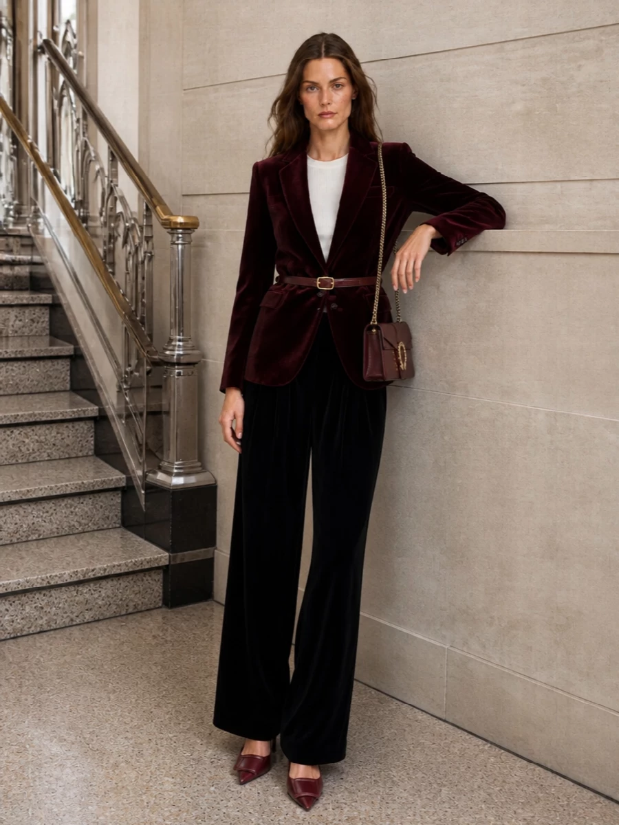 Etro velvet blazer black evening trousers outfit