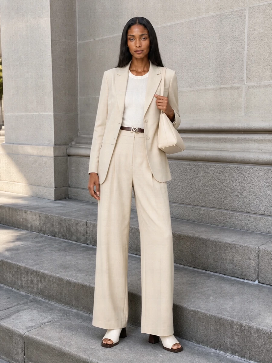 Max mara beige blazer wide leg trousers outfit