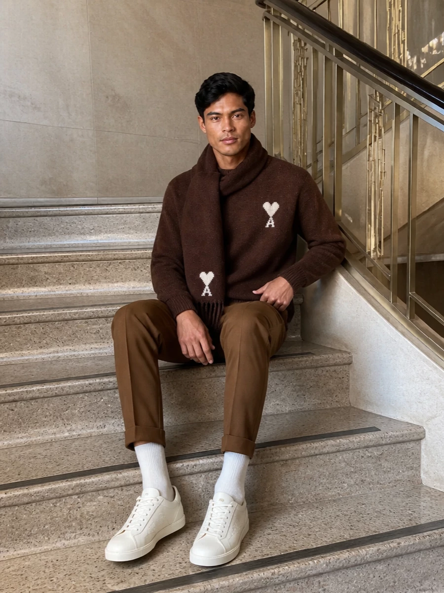 Ami brown sweater caramel trousers outfit