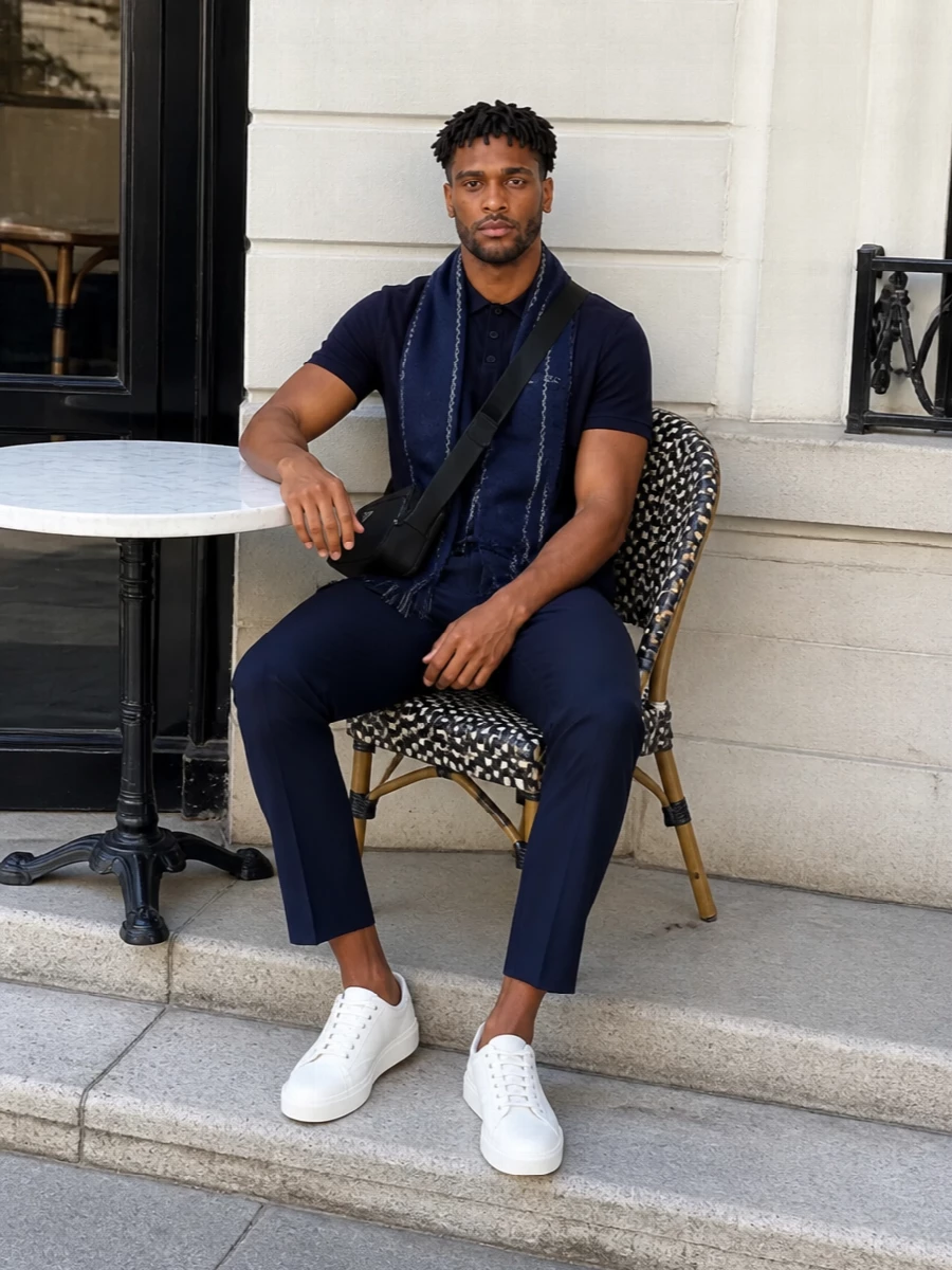 Prada navy trousers apc polo sneakers