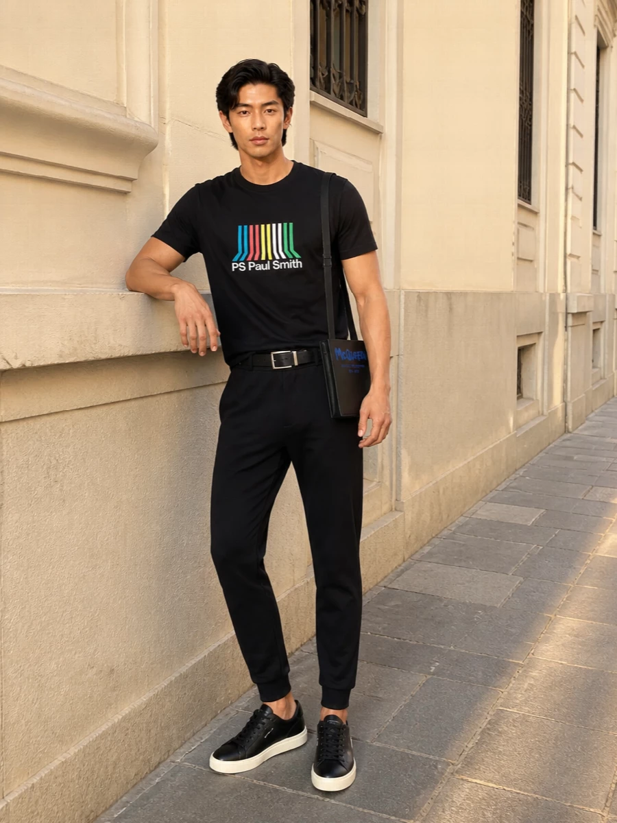 A graphic Paul Smith tee, sharp black joggers and matching low-top sneakers create a clean city uniform that leans relaxed but still considered. The McQueen crossbody and subtle Paul Smith belt underline the black base, while small hits of colour echo the chest print instead of competing with it.