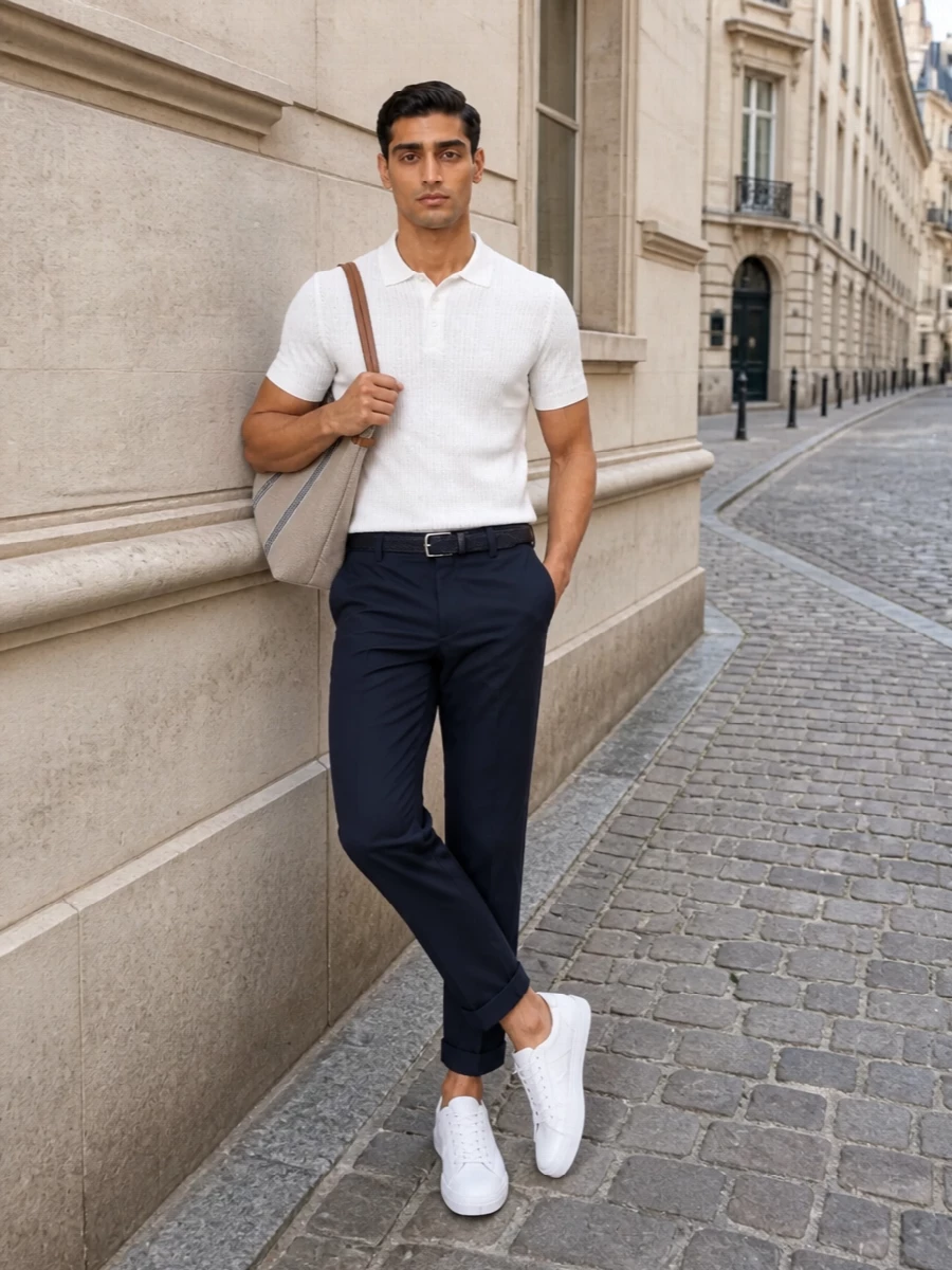 Fay polo navy chinos white sneakers outfit