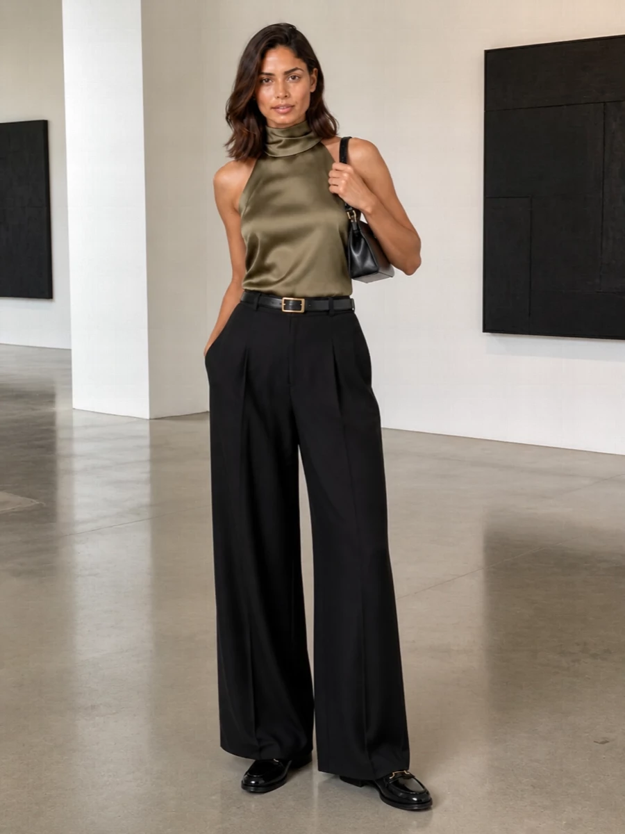 Inky wide-leg tailoring sets a long, fluid base, sharpened by a cinched waist and the precise shine of black leather accessories. The olive-gold halter introduces a controlled glow, reading rich rather than loud. Together it feels like modern evening suiting, relaxed through the leg and quietly sculpted through the torso.