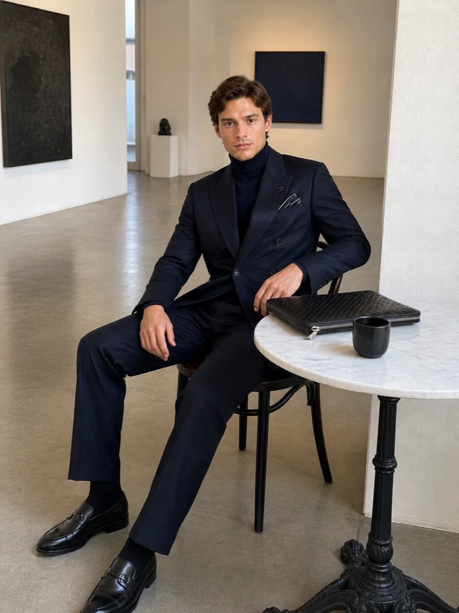 Lardini navy double breasted suit ferragamo loafers