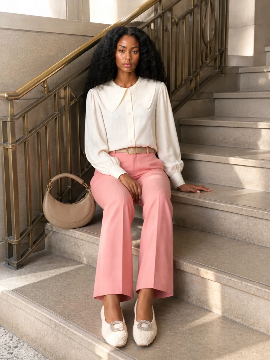 Chloe ivory blouse blush flared trousers outfit