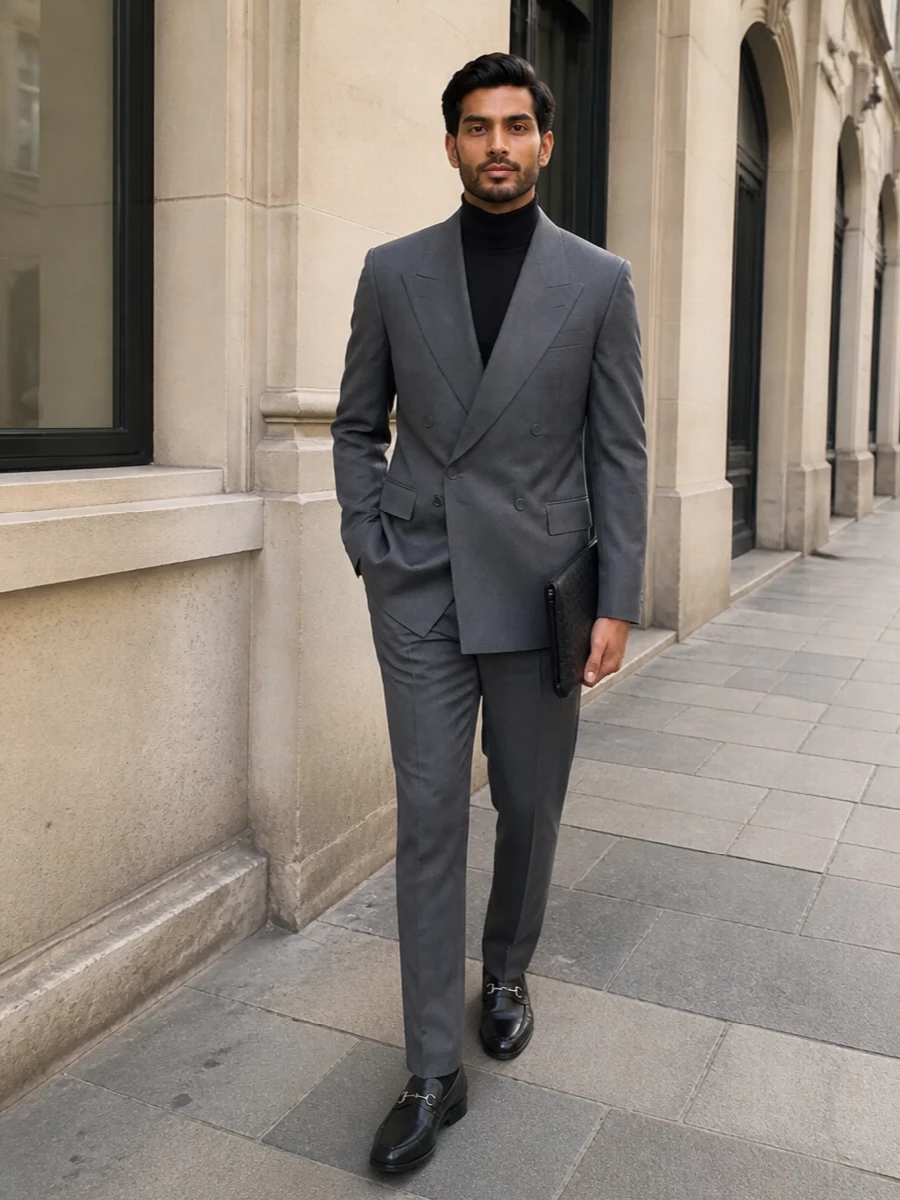 Slate grey tonal suit double breasted blazer