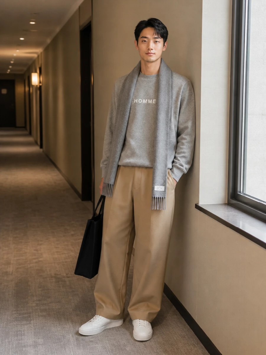 Heather grey and tan play off each other in an easy, wide-leg silhouette that feels relaxed but deliberate. Clean white sneakers and a structured black tote sharpen the mood, while a soft grey scarf quietly ties the tones together. It is a city-ready uniform that reads minimalist and considered from coffee run to studio day.
