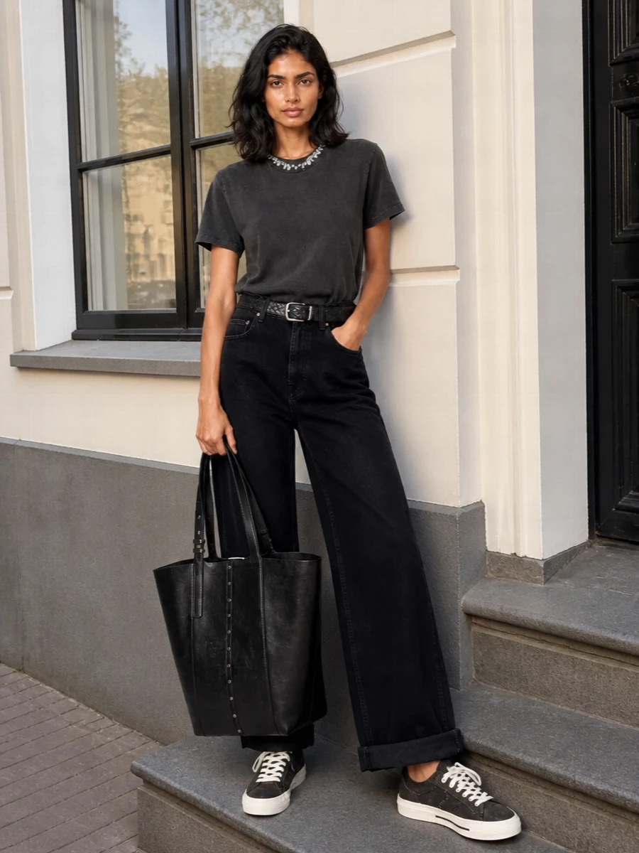 Golden goose crystal tee wide leg black jeans