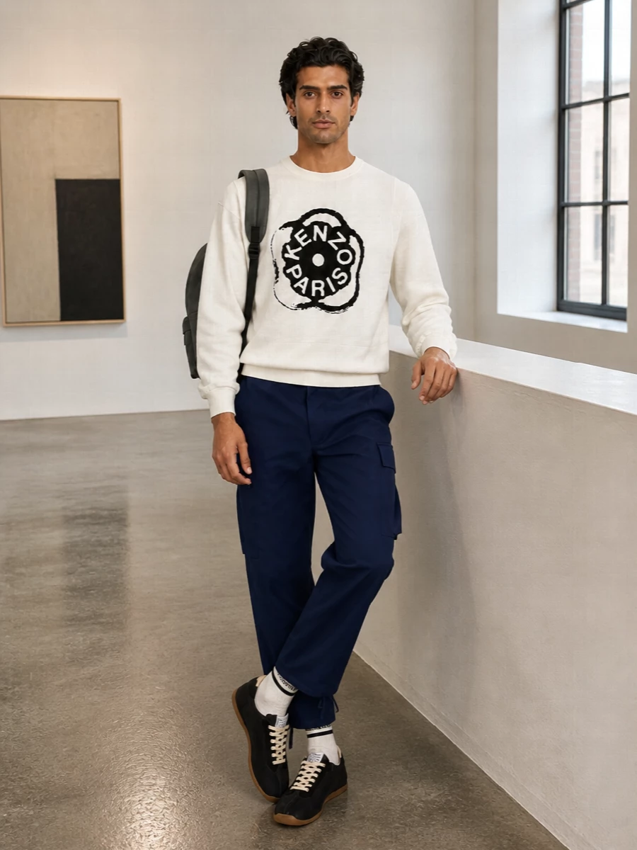 Kenzo sweatshirt navy cargo pants sneakers