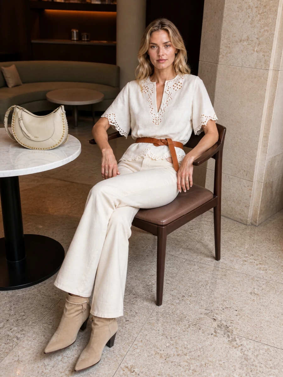 Isabel marant ecru jeans ivory eyelet blouse outfit