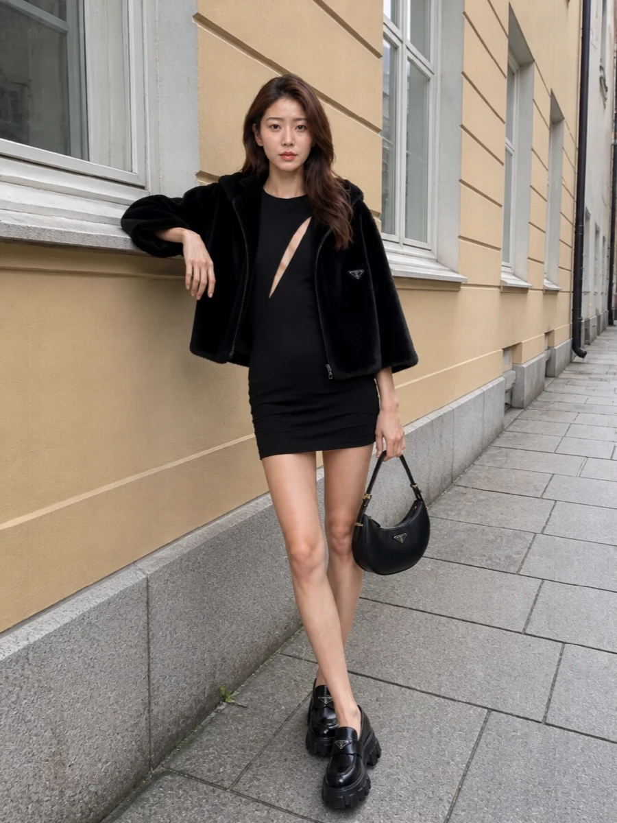 Prada coat versace black mini dress outfit