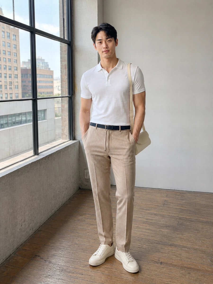 Etro white polo beige tailored trousers outfit