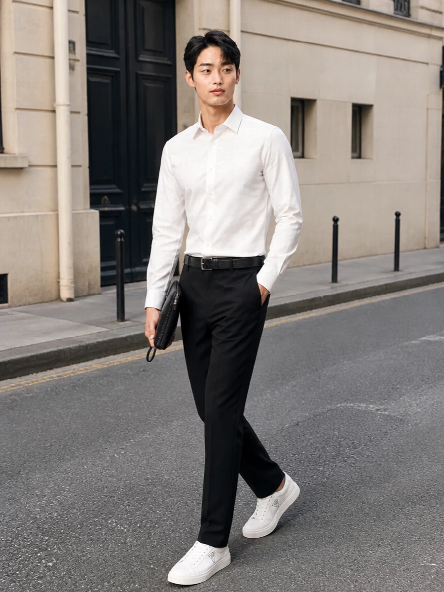 Prada white shirt black trousers outfit