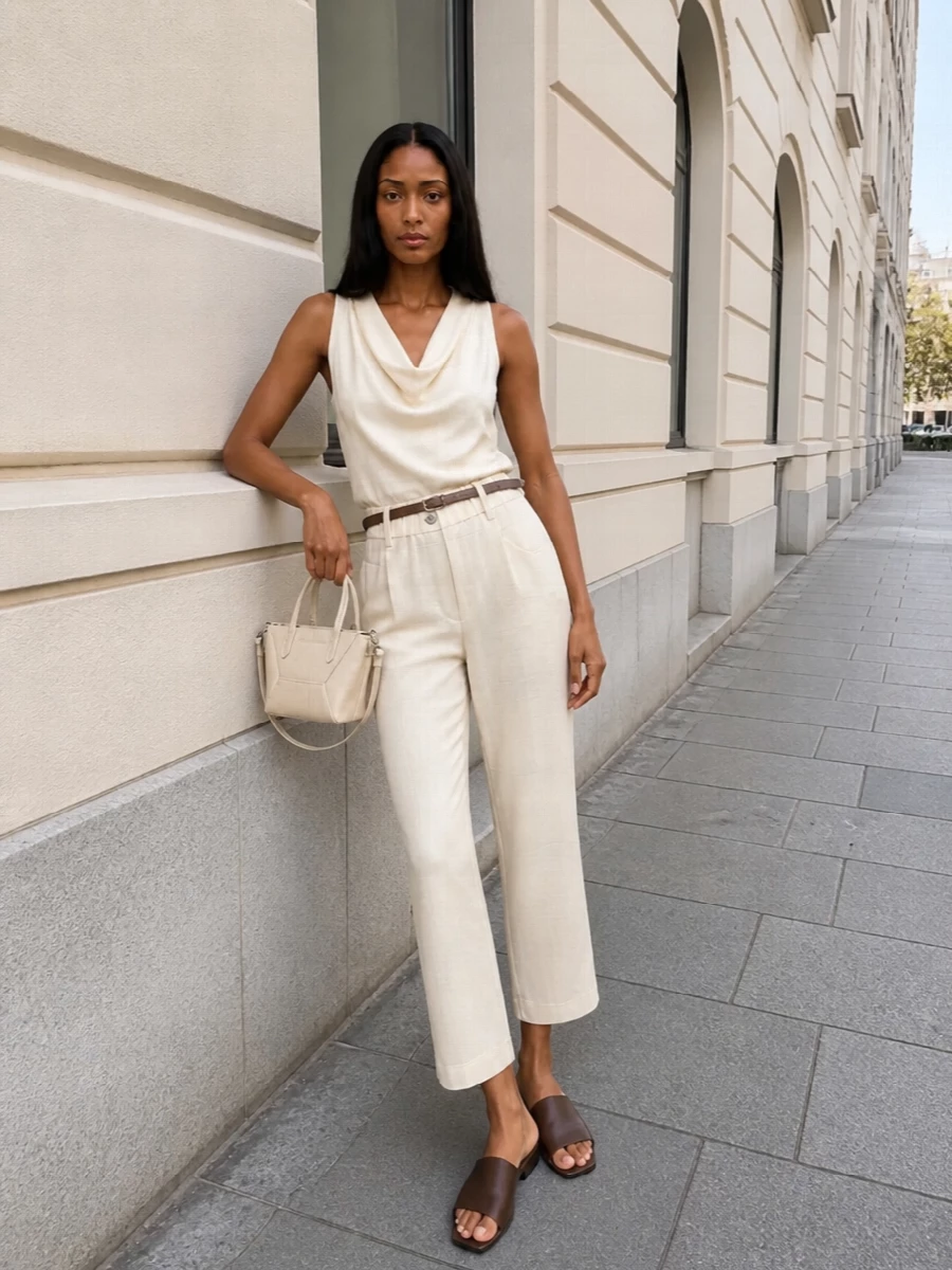 Monochrome buttercream cowl tank cropped trousers