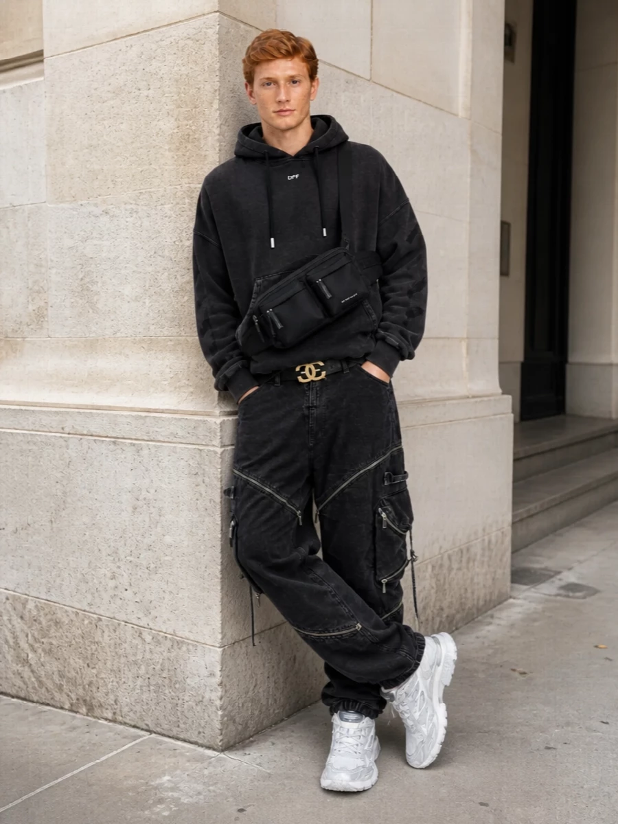 Off white black cargo pants hoodie streetwear outfit