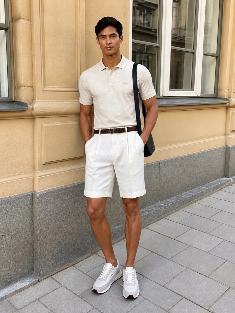 Boss beige polo off white tailored shorts outfit
