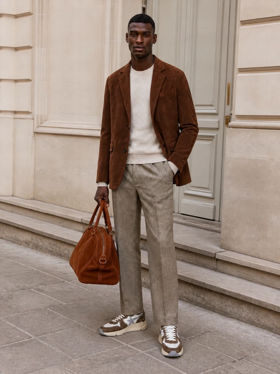 Golden goose suede coat camel trousers outfit