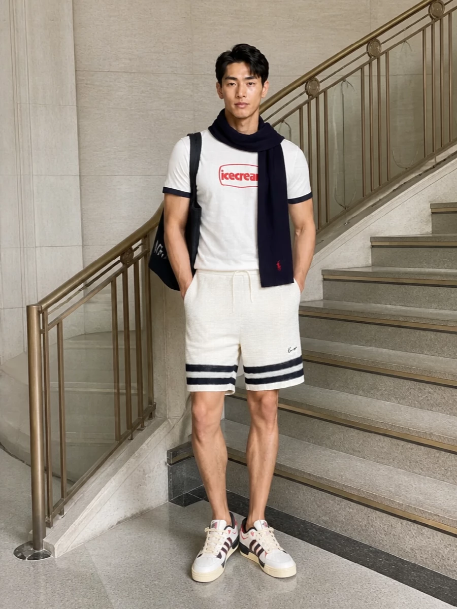 Off white, navy, and hits of red run clean through the outfit, so the graphic ringer reads sharp without feeling busy. Knit varsity shorts keep the silhouette relaxed but neat, while retro court sneakers and a navy tote ground it firmly in street-sport territory you can wear from campus to weekend city laps.