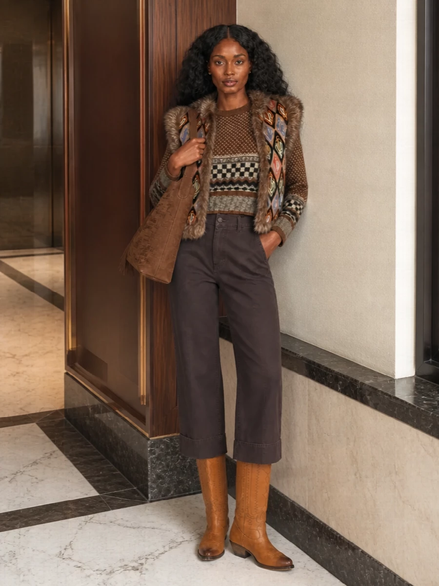 Golden goose faux fur vest wide leg jeans outfit