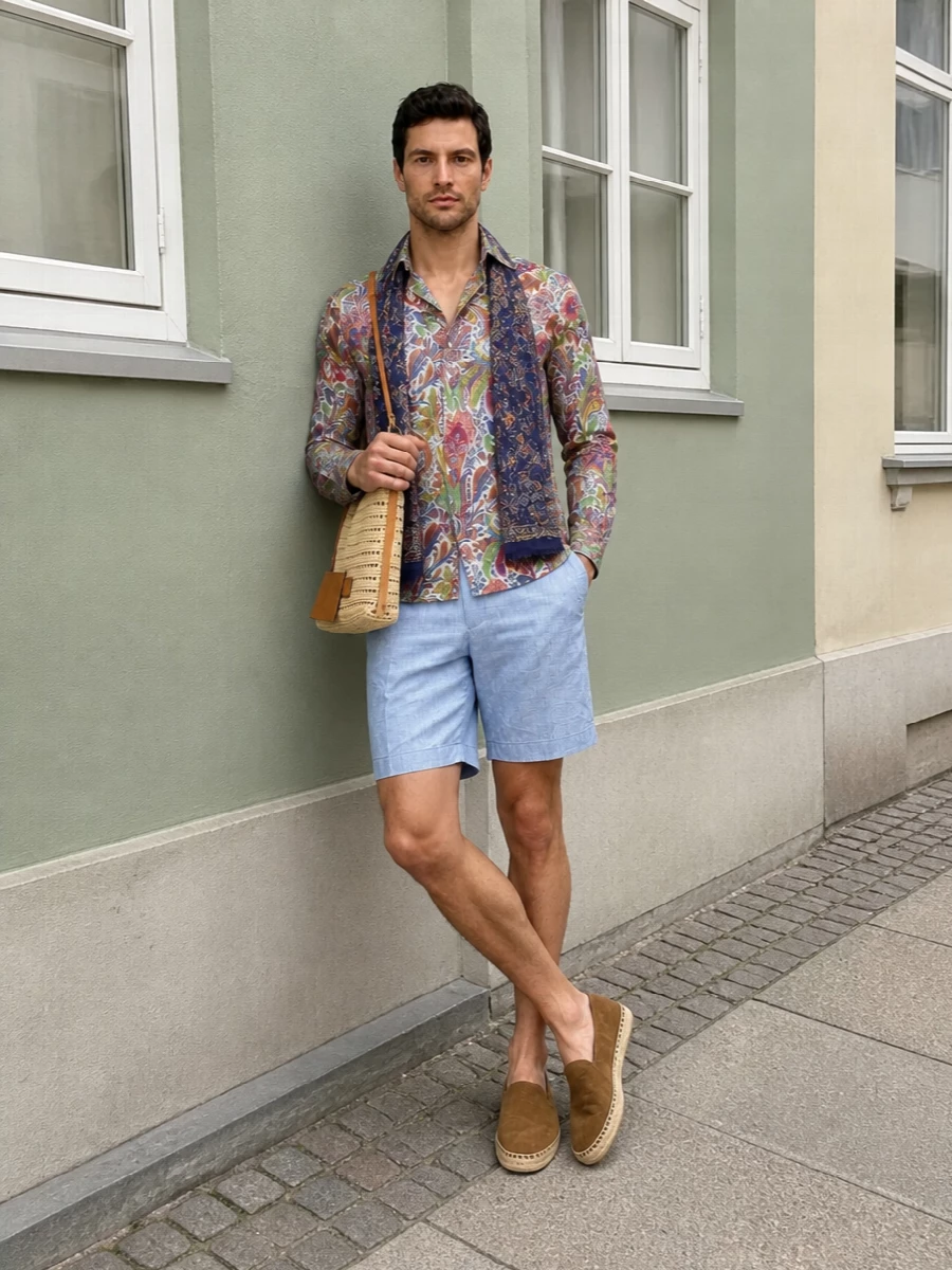 Colour‑saturated paisley on top is grounded by tailored sky‑blue shorts that read crisp rather than chaotic. Tan suede espadrilles and a straw‑beige crochet bag keep the mood Riviera‑bohemian yet polished. The optional navy‑rose scarf pulls the palette together for evenings when you want an extra note of Etro flourish.