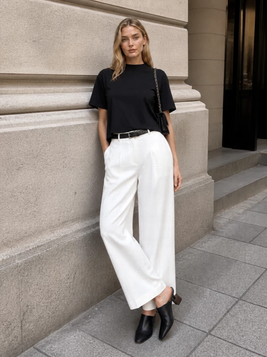 Jacquemus black tee wide leg trousers outfit
