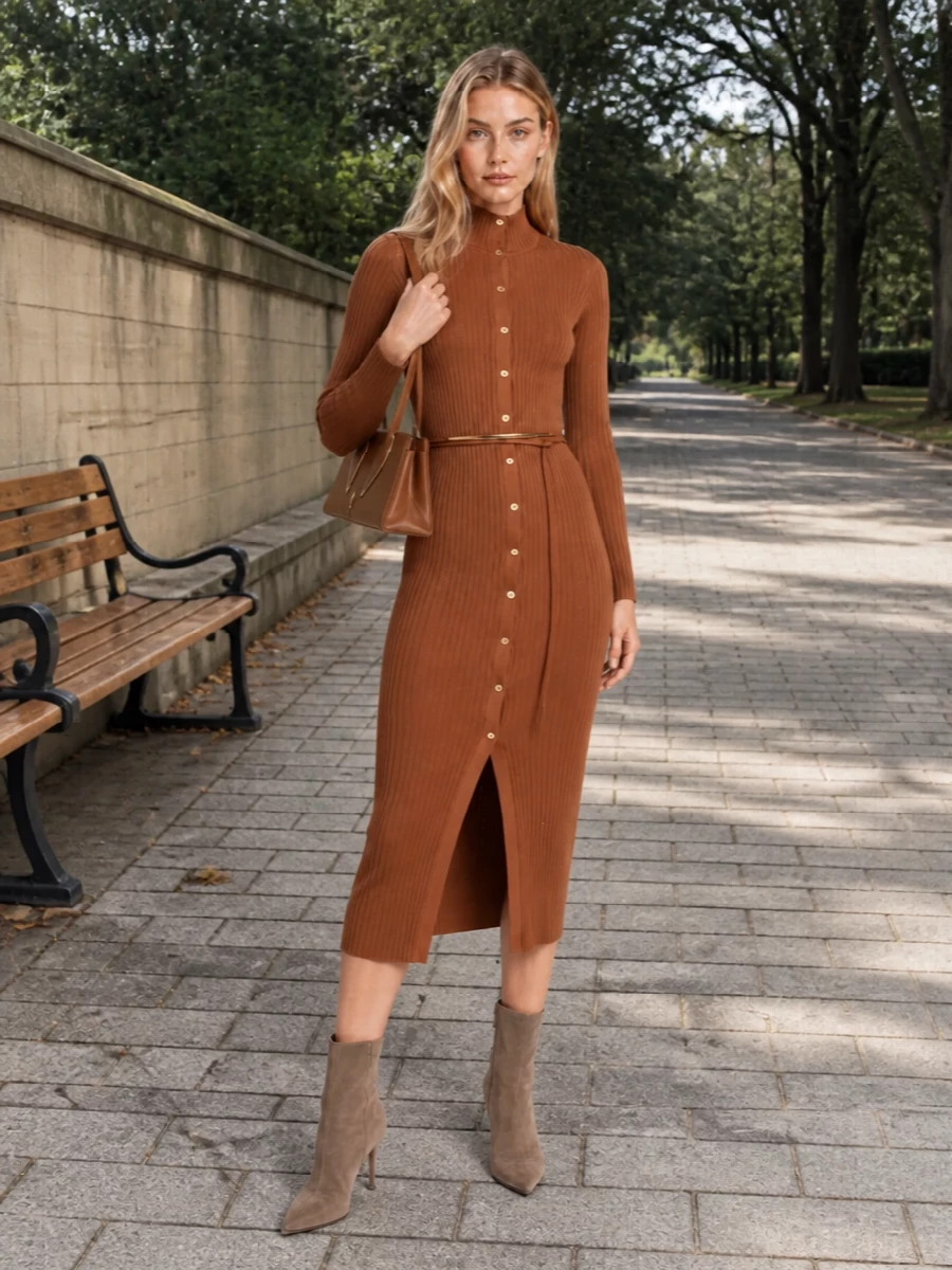 A caramel ribbed knit dress and taupe suede ankle boots build a long, tonal line that feels quietly sensual yet polished for day‑to‑night city dressing. The gold hardware and self‑belt on the dress echo the warm heel of the boot, so everything reads intentional rather than matchy. A structured caramel top‑handle bag finishes the palette and keeps the silhouette clean and uncluttered.