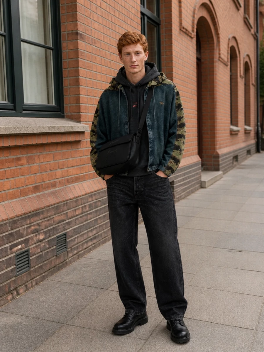 Diesel camo denim jacket black wide jeans outfit