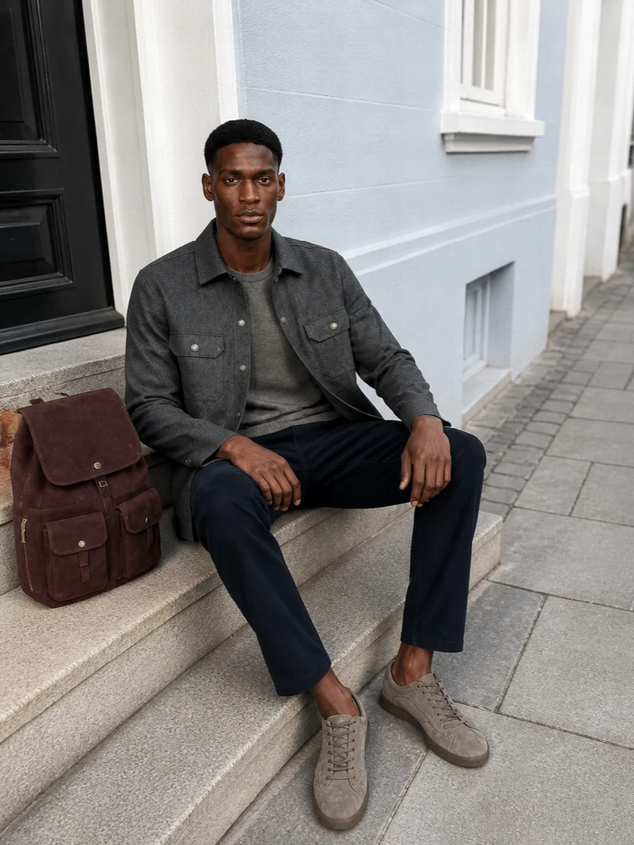 Brunello cucinelli grey overshirt navy trousers