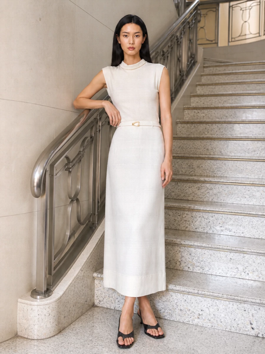 A tonal soft-white column is quietly sharpened with black leather and a single hit of gold, giving this outfit an assured, gallery-to-dinner energy. The high-neck shell and skirt read as one elongated line, with the slim belt and low-heel slingbacks keeping everything precise but unforced. It is minimal, city-ready and quietly confident rather than overtly formal.