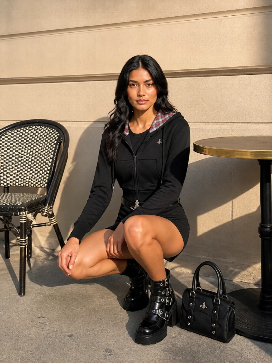 Head-to-toe black keeps the cropped hoodie and asymmetric mini feeling graphic and deliberate, while the sharp hemline shows just enough leg for a night in the city. Cut-out boots and a structured mini bag add hardware and attitude, and the crystal belt pulls the waist in so the proportions stay lean rather than casual. It is a tight, punk-leaning streetwear ensemble that reads modern, not nostalgic.