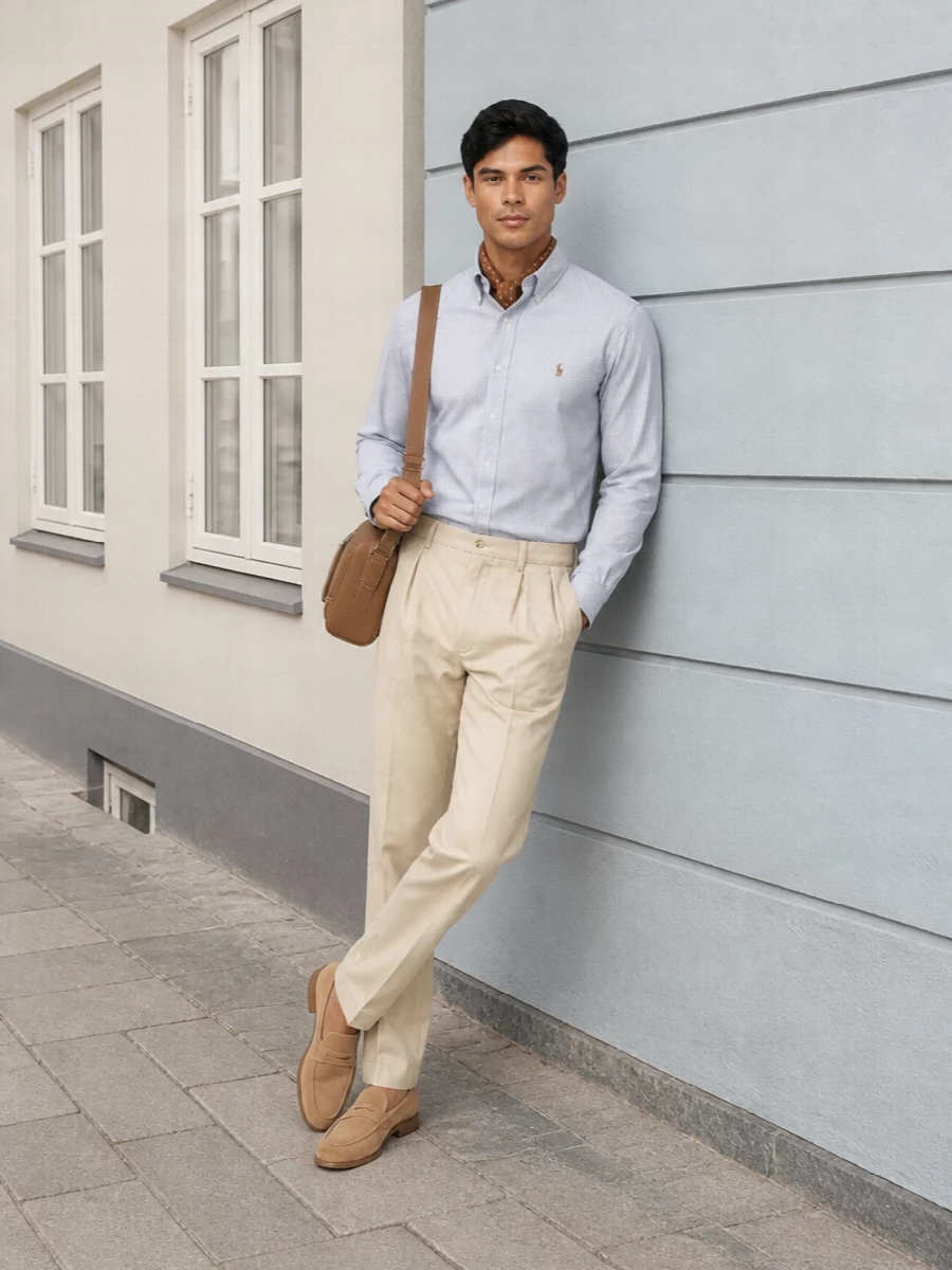 A striped Oxford, sun‑washed pleated chinos and sand suede penny loafers create an easy East Coast uniform that is neat without feeling stiff. The warm neutrals in bag and scarf echo the chestnut logo, keeping the palette soft and cohesive. It is the kind of summer outfit that moves comfortably from city coffee to seaside lunch while staying quietly precise in its lines.