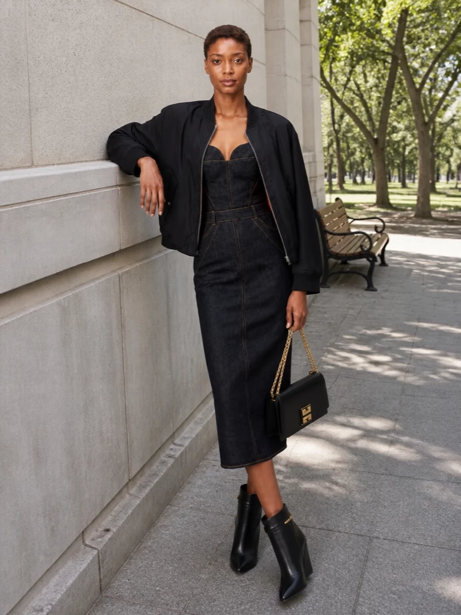 Givenchy bomber denim midi dress wedge boots