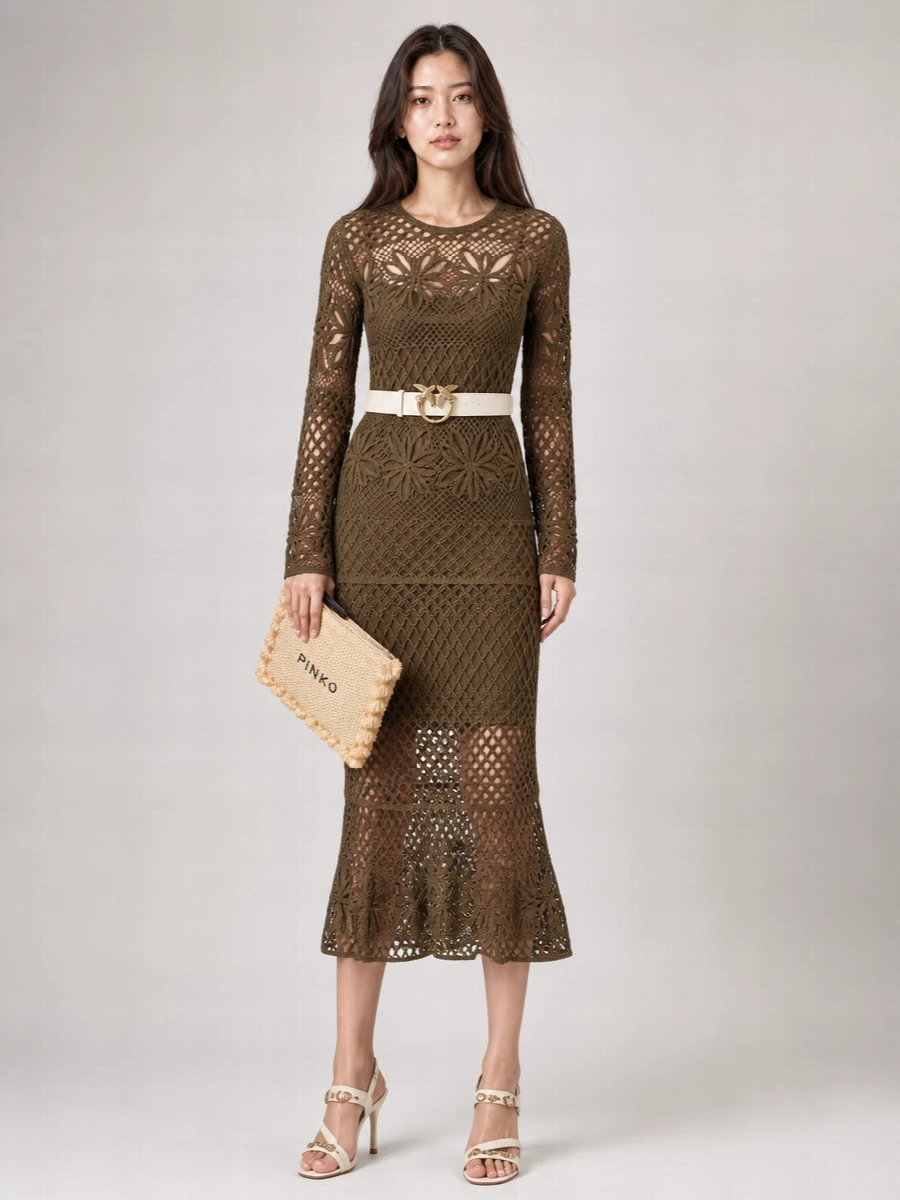 Pinko Openwork-Knit Long-Sleeve Flared Midi Dress