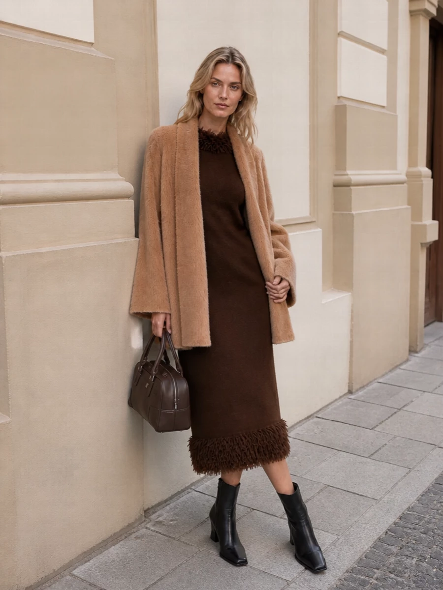 Loewe camel coat chocolate knit dress outfit
