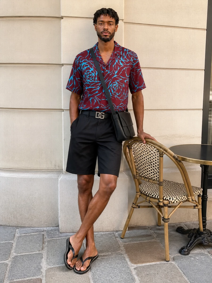 A bold floral camp shirt sits against crisp black tailoring, so the color feels intense but controlled for long summer days in the city. Bare leather slides and a clean black crossbody keep everything relaxed yet precise, while the belt adds just enough structure at the waist. It is romantic Dries energy, but edited for real life, not just the runway.