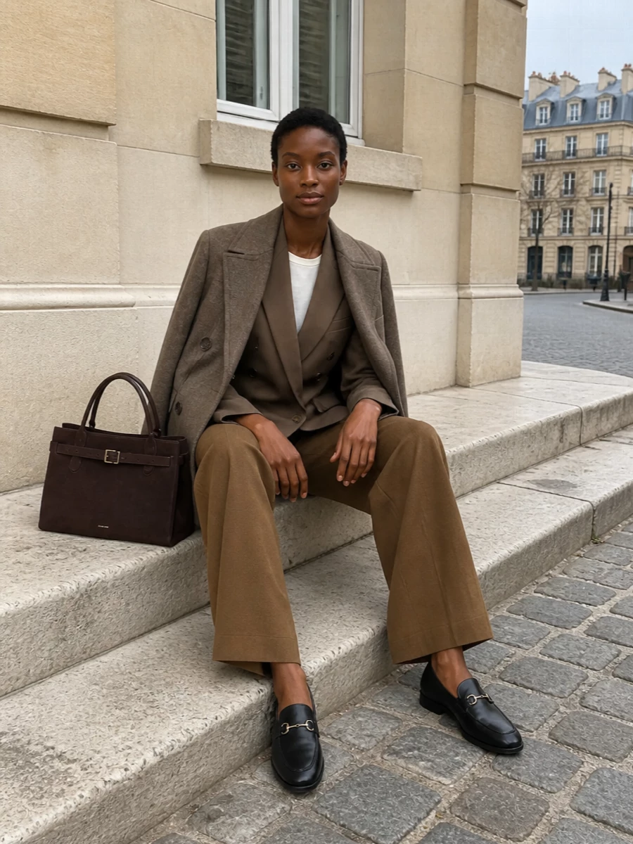 I am building around the tailoring path, letting the Tory Burch blazer sit as outerwear over the Mm6 blazer and camel wide-leg trousers for a layered, boardroom-ready column of neutrals. The palette runs from taupe to chocolate with black leather accents, so everything feels calm, expensive and seasonally right for cooler months. Gucci loafers and a structured Manu Atelier tote keep the finish sharp without tipping into anything logo-forward or fussy, which reinforces the quiet luxury brief.