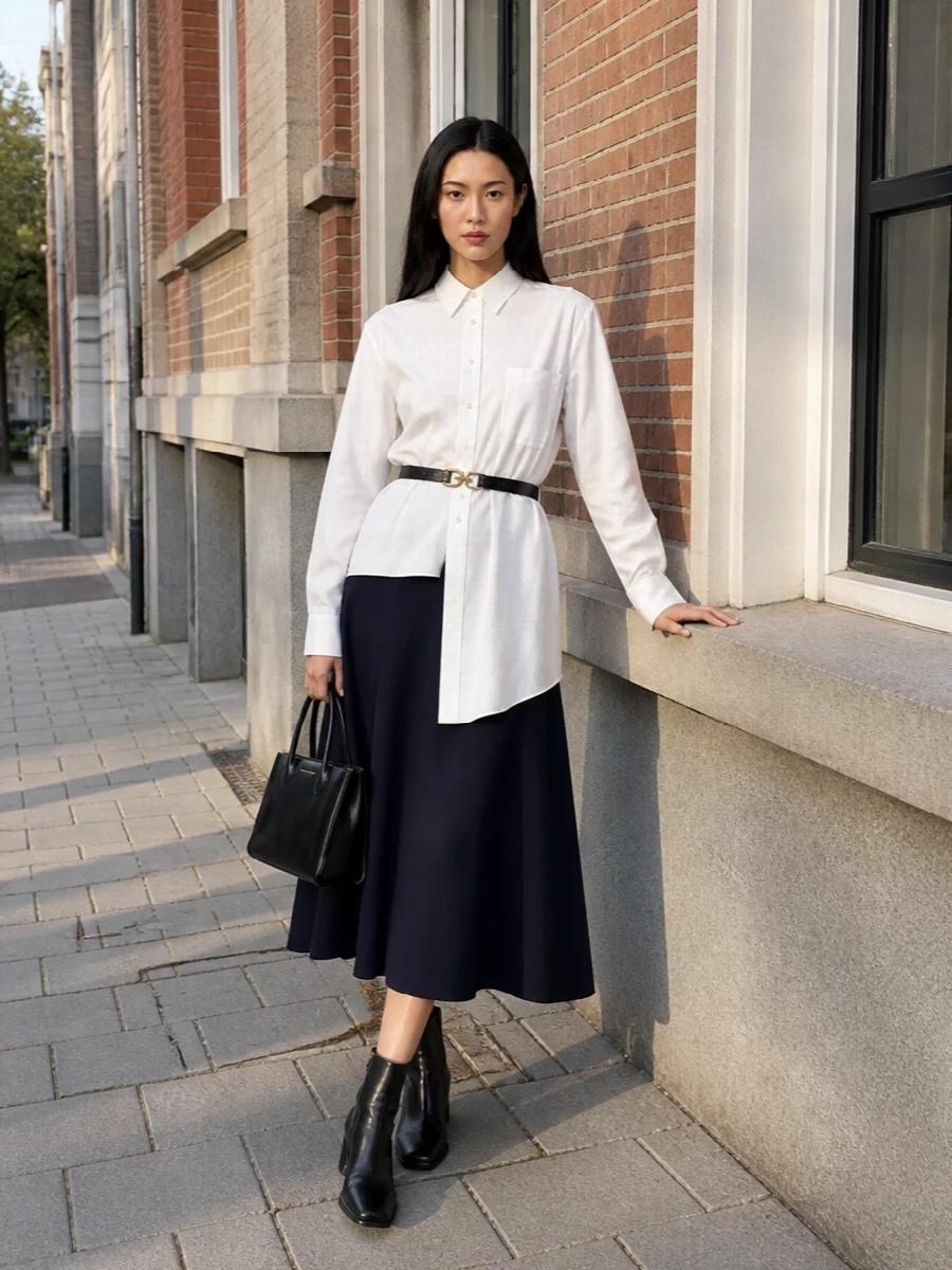Comme des garcons navy midi skirt white shirt