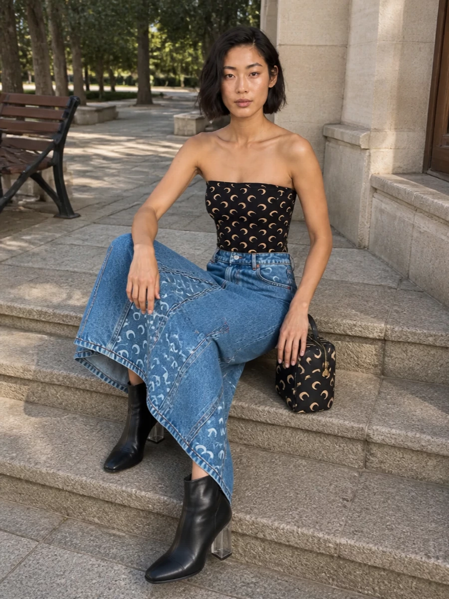 Marine Serre’s moon graphics run from bandeau to bag, so the denim maxi reads clean and intentional rather than busy. The strapless top carves out a defined waist above the long skirt, and the glossy ankle boots with clear heel keep the line sharp and vertical so the high-rise, floor-skimming silhouette stays streamlined instead of heavy.