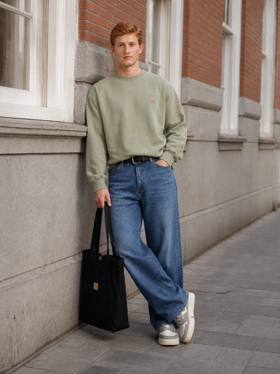 Carhartt wide leg jeans sage sweatshirt sneakers