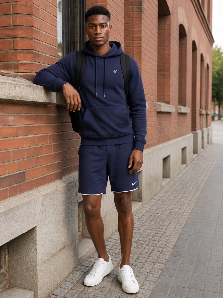 Calvin klein navy hoodie nike navy shorts outfit