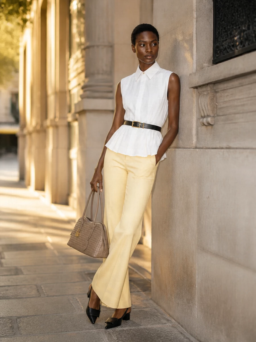 Minimalist yellow tailored pants peplum top outfit