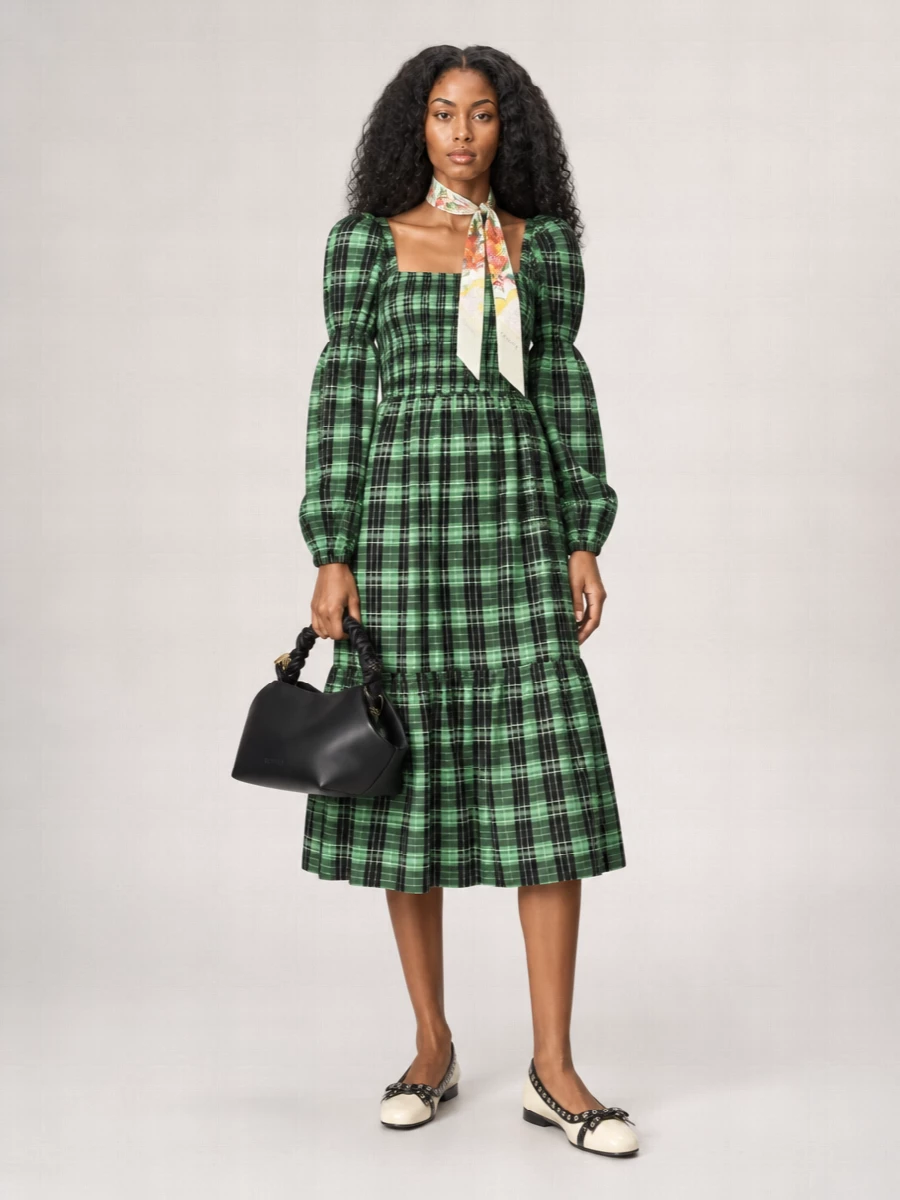 Ganni Seersucker Checked Midi Dress